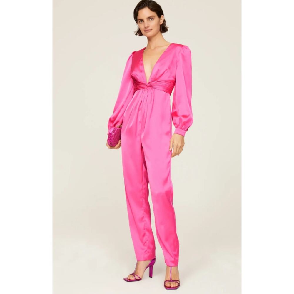 Ieena for Mac Duggal Satin Jumpsuit Pink Plunge Neck Long Sleeve NWT Size 6